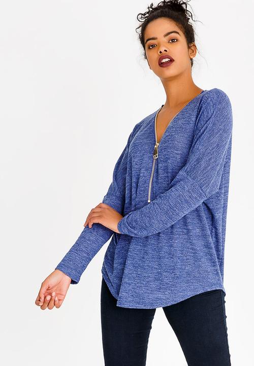 Revenge - Zip Front Long Sleeve Top Mid Blue