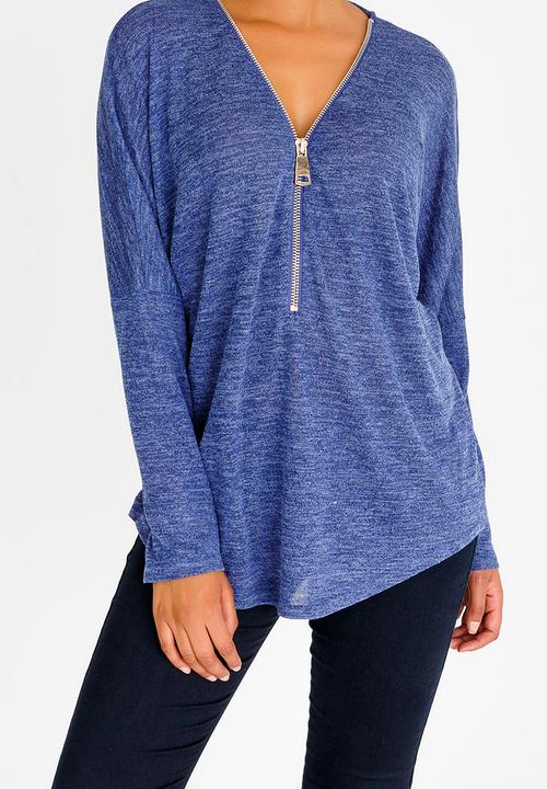 Revenge - Zip Front Long Sleeve Top Mid Blue