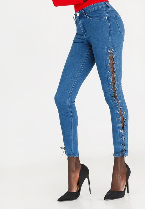 STYLE REPUBLIC - Side Lace-up Detail Skinny Jeans Mid Blue