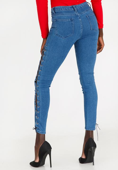 STYLE REPUBLIC - Side Lace-up Detail Skinny Jeans Mid Blue