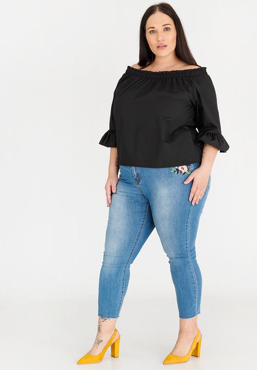 edit Plus - Bardot Frill Sleeve Blouse Black