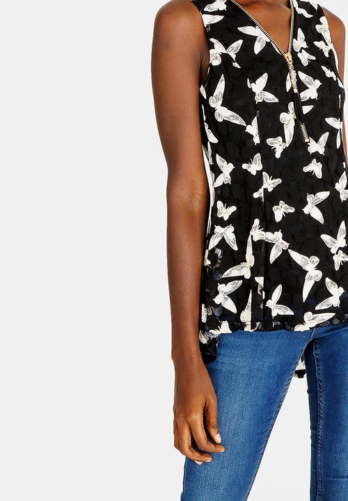 Revenge - Sleeveless Butterfly Zip Detail Top Black