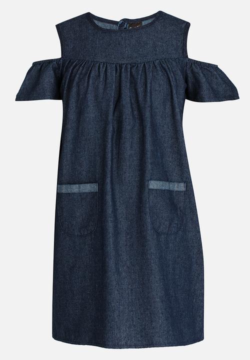 Twin Clothing - Cold Shoulder Chambrey Denim Dress Navy