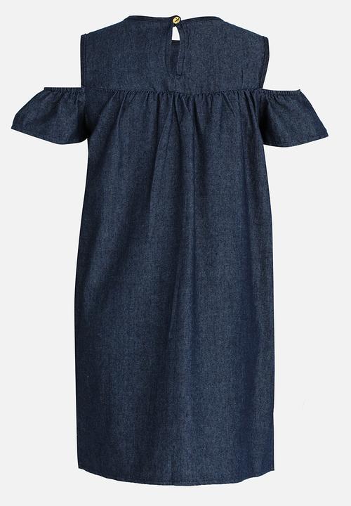 Twin Clothing - Cold Shoulder Chambrey Denim Dress Navy