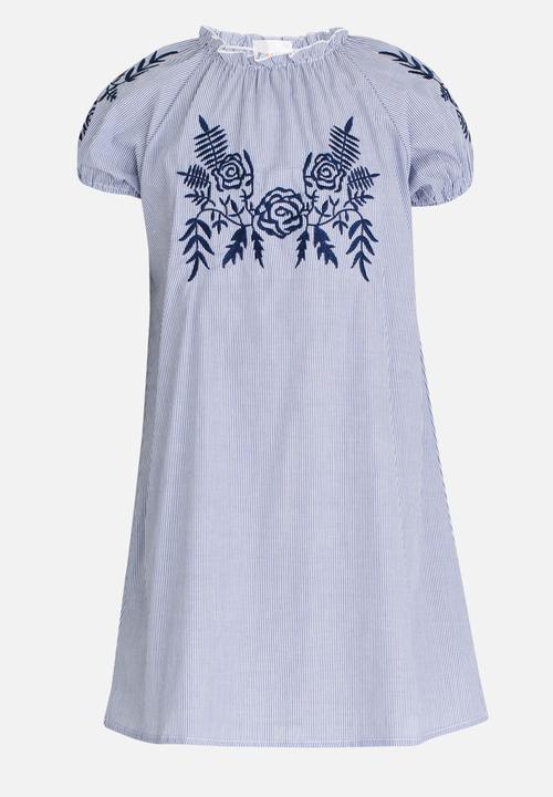 Pop Candy - Puff Sleeve Dress with Embroidery Blue