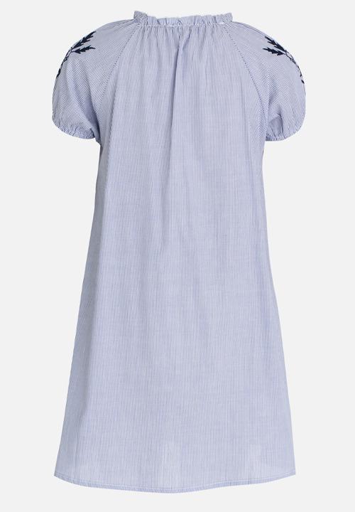 Pop Candy - Puff Sleeve Dress with Embroidery Blue