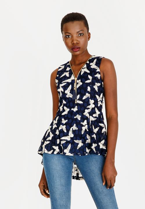 Revenge - Sleeveless Butterfly Zip Detail Top Blue