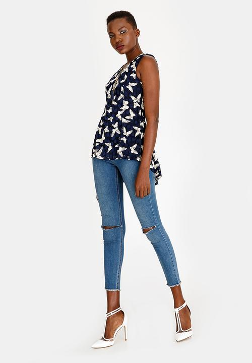 Revenge - Sleeveless Butterfly Zip Detail Top Blue