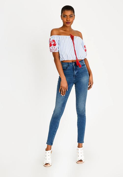 Brave Soul - Cropped Embroidered Top Blue and White
