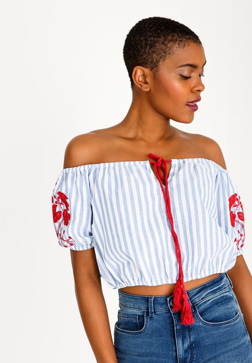 Brave Soul - Cropped Embroidered Top Blue and White