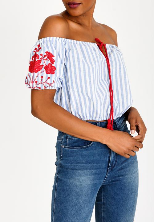 Brave Soul - Cropped Embroidered Top Blue and White