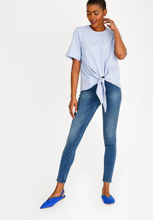 Brave Soul - Striped Tie Front Tee Blue and White