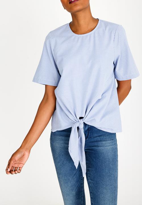 Brave Soul - Striped Tie Front Tee Blue and White
