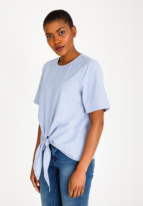 Brave Soul - Striped Tie Front Tee Blue and White