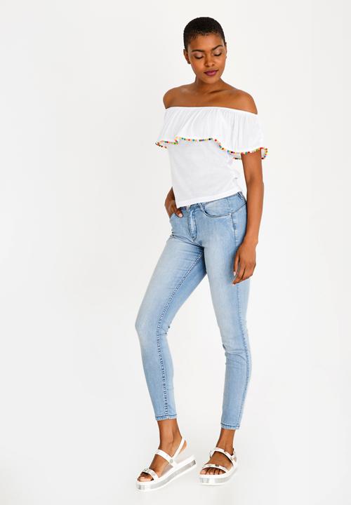 Brave Soul - Off Shoulder Pom-Pom Top White