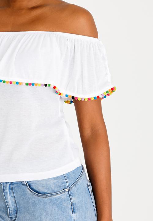 Brave Soul - Off Shoulder Pom-Pom Top White