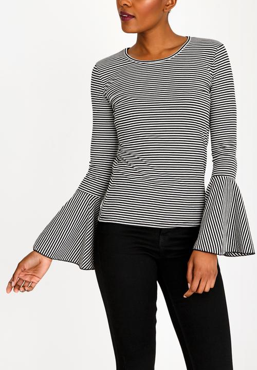 Brave Soul - Striped Flared Sleeve Top Black and White