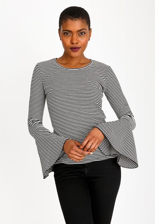 Brave Soul - Striped Flared Sleeve Top Black and White