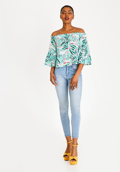 Brave Soul - Crinkle Printed Bardot Top Multi-colour