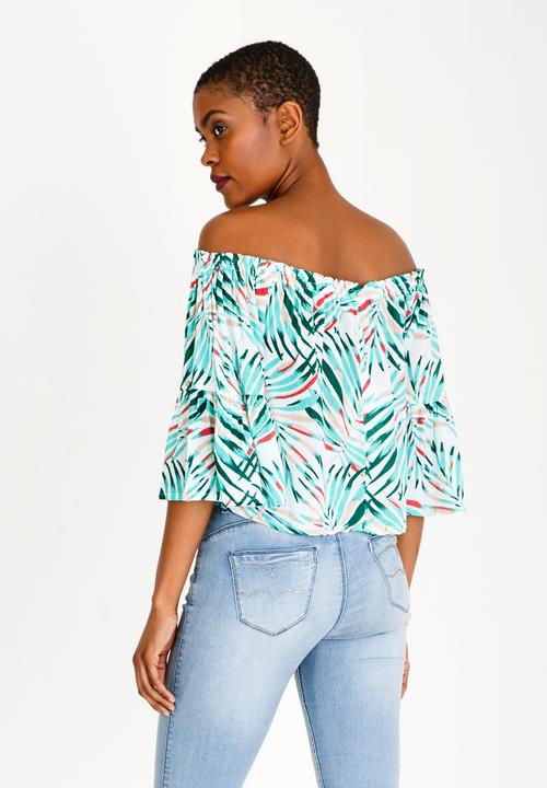 Brave Soul - Crinkle Printed Bardot Top Multi-colour