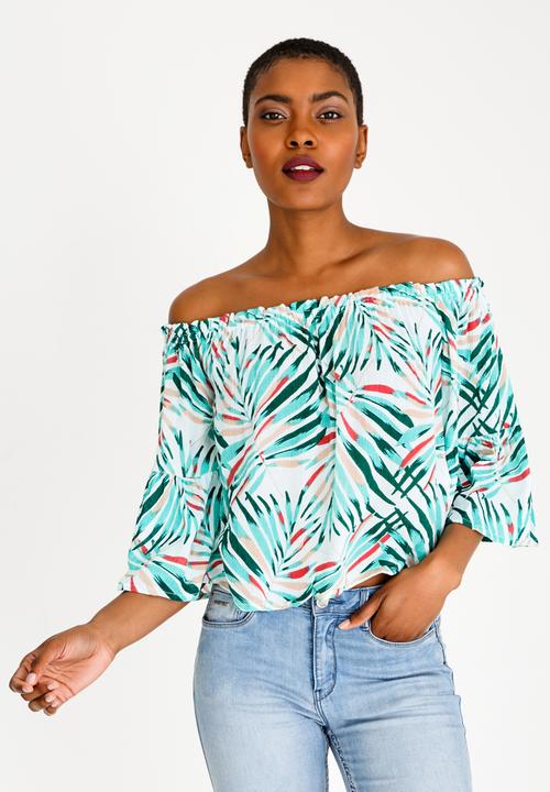 Brave Soul - Crinkle Printed Bardot Top Multi-colour