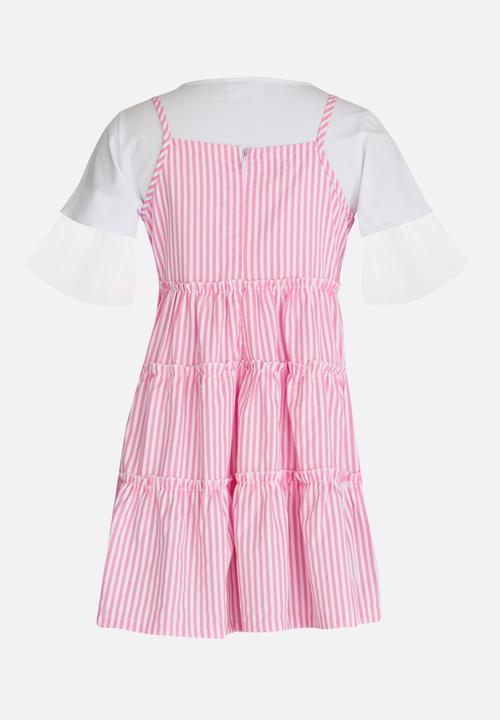 Pop Candy - Tiered Stripe Dress Pale Pink