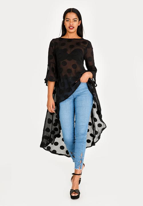 Revenge - Sheer Lace Polka Dot Dip Hem Top Black