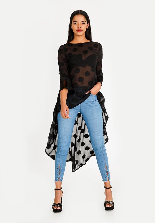 Revenge - Sheer Lace Polka Dot Dip Hem Top Black