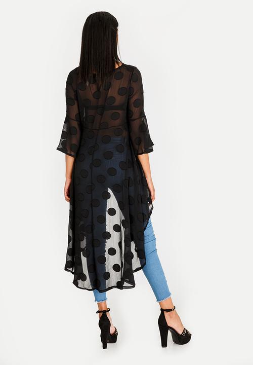 Revenge - Sheer Lace Polka Dot Dip Hem Top Black