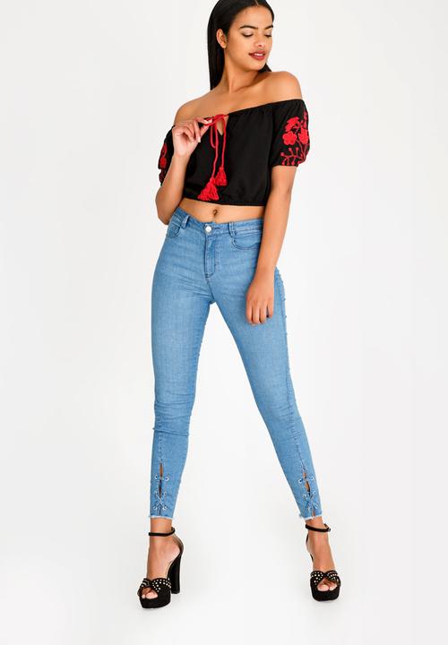 Brave Soul - Cropped Bardot Embroidered Top Black
