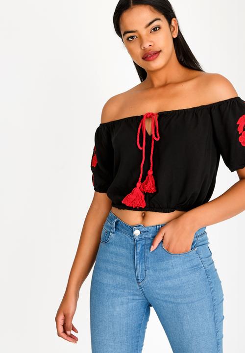 Brave Soul - Cropped Bardot Embroidered Top Black