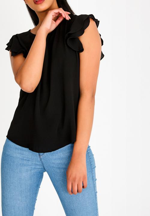 Brave Soul - Double Frill Sleeve Top Black