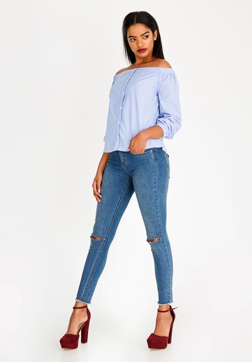 Brave Soul - Pinstripe Top Blue and White