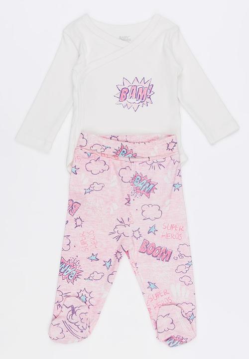 Baby Corner - Super Girl 2 Piece Side Snap Bodysuit Footed Pants White