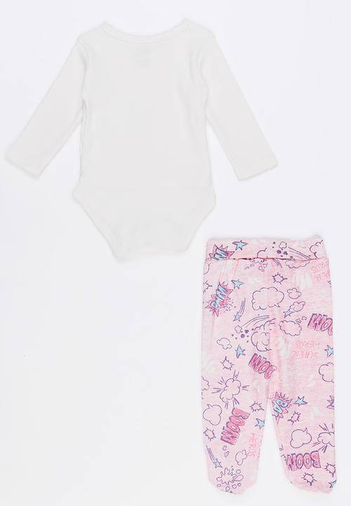 Baby Corner - Super Girl 2 Piece Side Snap Bodysuit Footed Pants White