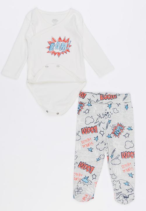 Baby Corner - Super Boy 2 Piece Side Snap Bodysuit Footed Pants White