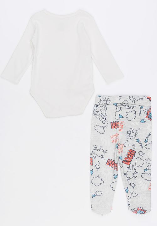 Baby Corner - Super Boy 2 Piece Side Snap Bodysuit Footed Pants White