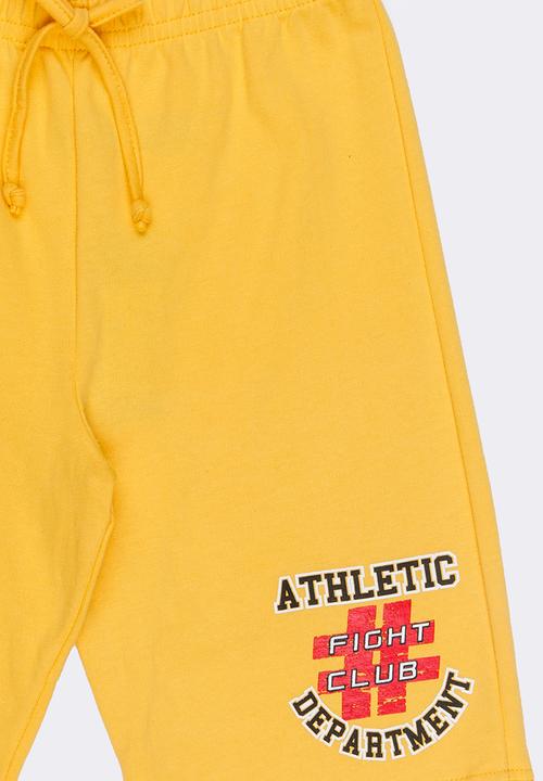 Twin Clothing - Athletic Printed Fleece Drawstring Shorts Yellow