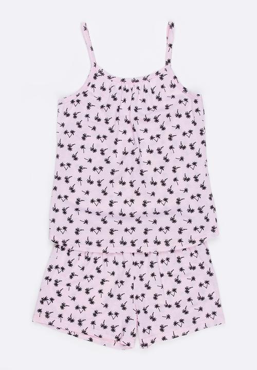 Twin Clothing - Palm Tree Printed PJ Set Pale Pink