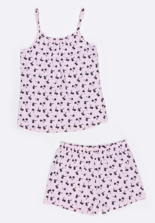 Twin Clothing - Palm Tree Printed PJ Set Pale Pink