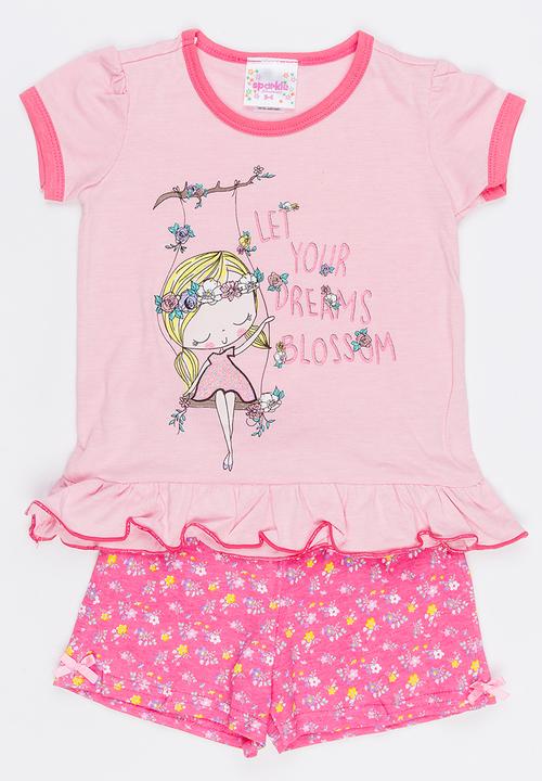 Twin Clothing - Short Sleeve Printed Sleepwear Set Dark Pink
