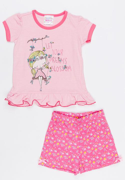 Twin Clothing - Short Sleeve Printed Sleepwear Set Dark Pink