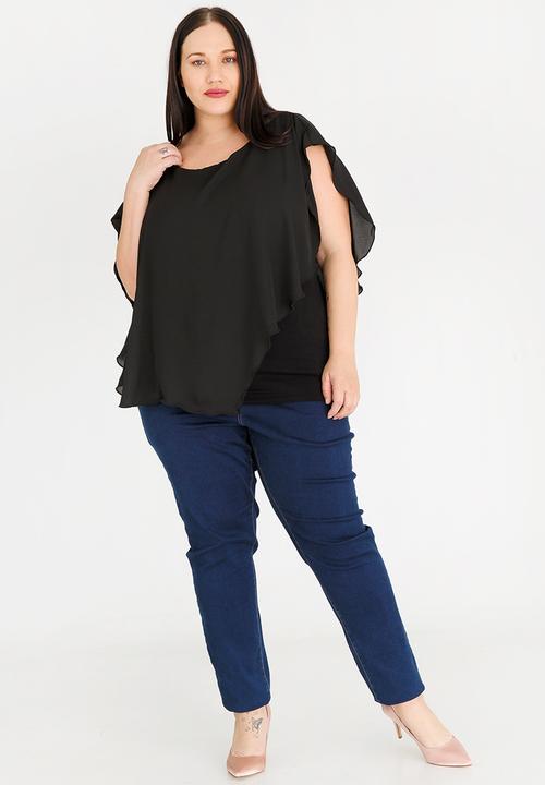 edit Plus - Frilly Blouse with Chiffon Overlay Black