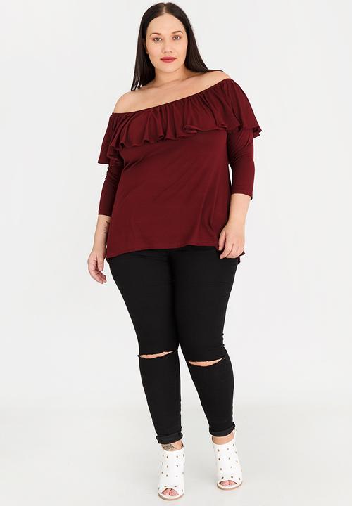 edit Plus - Bardot Top with Frill Burgundy