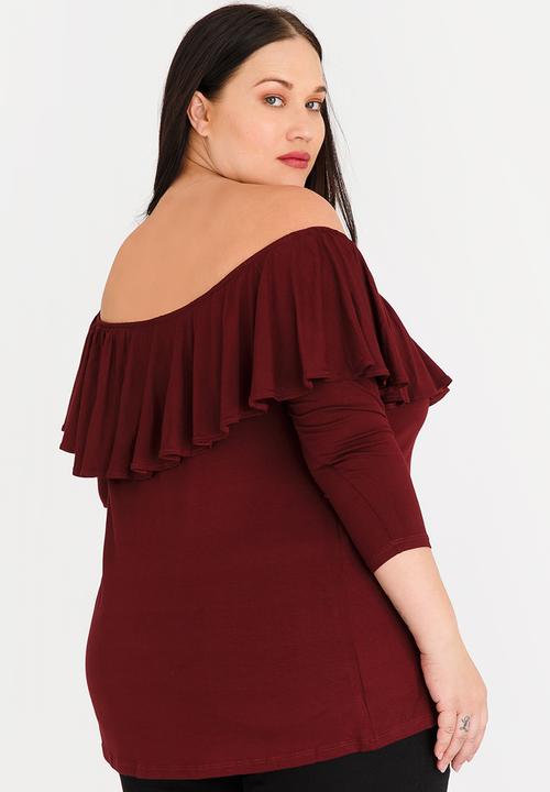 edit Plus - Bardot Top with Frill Burgundy