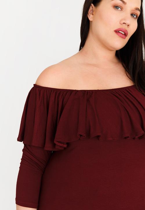 edit Plus - Bardot Top with Frill Burgundy