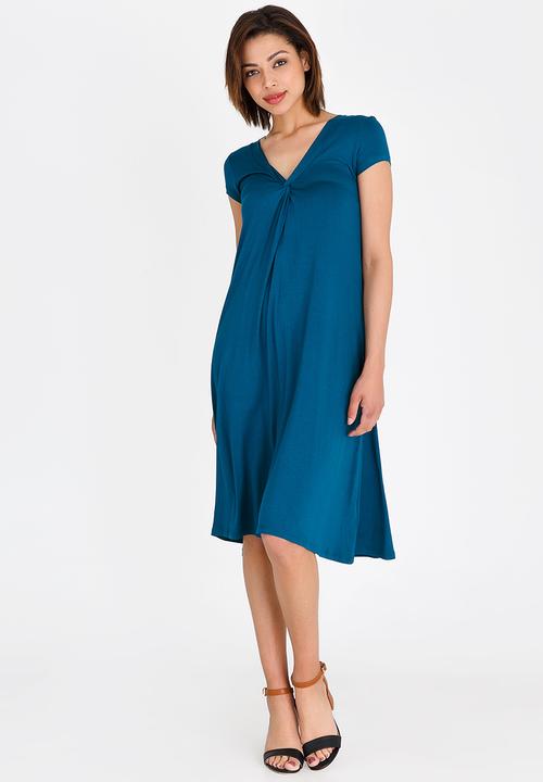 edit - V-neck knot front detail dress - blue