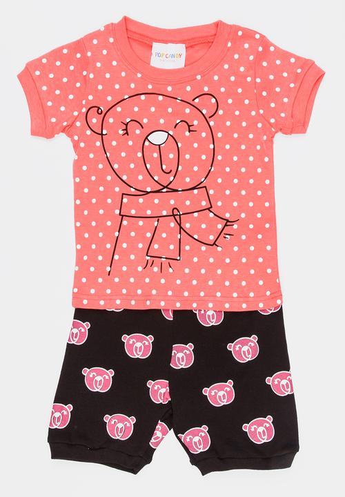 Pop Candy - Short Sleeve Printed Bear Pj Set - Mid Pink