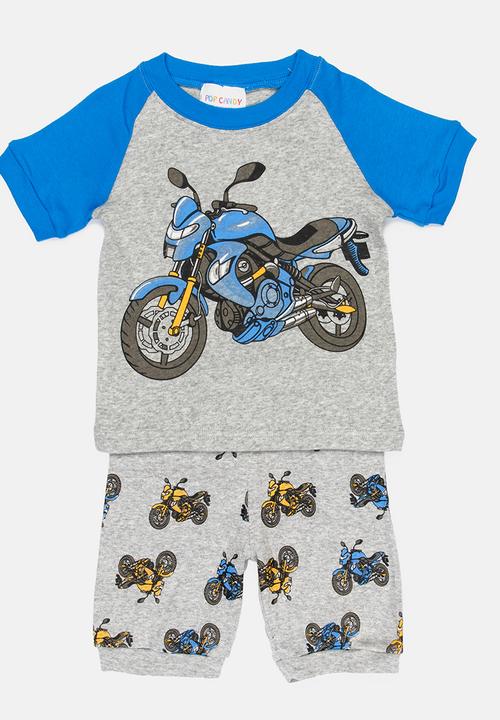 Pop Candy - Short Sleeve Printed Motorcycle Pj Set - Grey