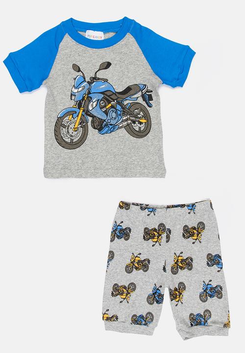 Pop Candy - Short Sleeve Printed Motorcycle Pj Set - Grey
